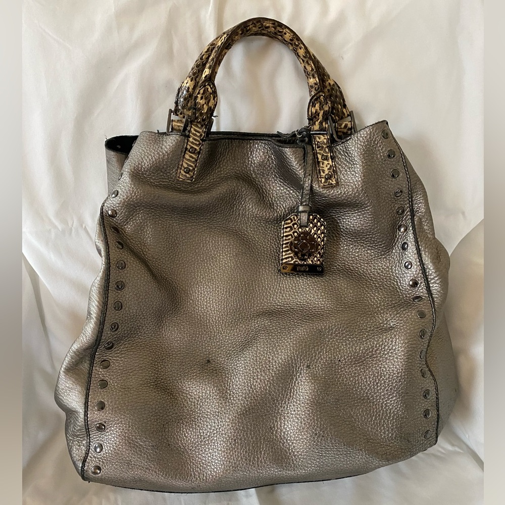 Pewter RAFE tote bag with snakeskin handles